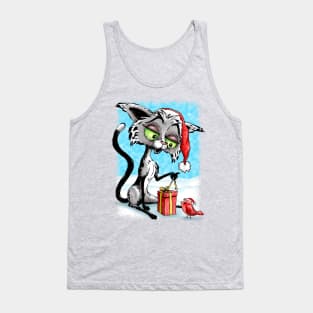 Happy Cat and Bird with Christmas Gift Tank Top